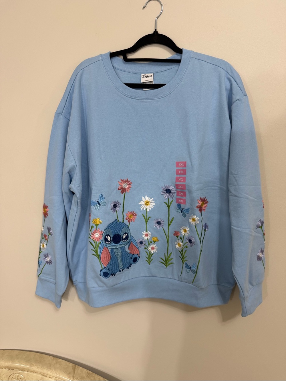 Disney Stitch Blue Floral Embroidered Crewneck Fleece Sweatshirt Women XXL